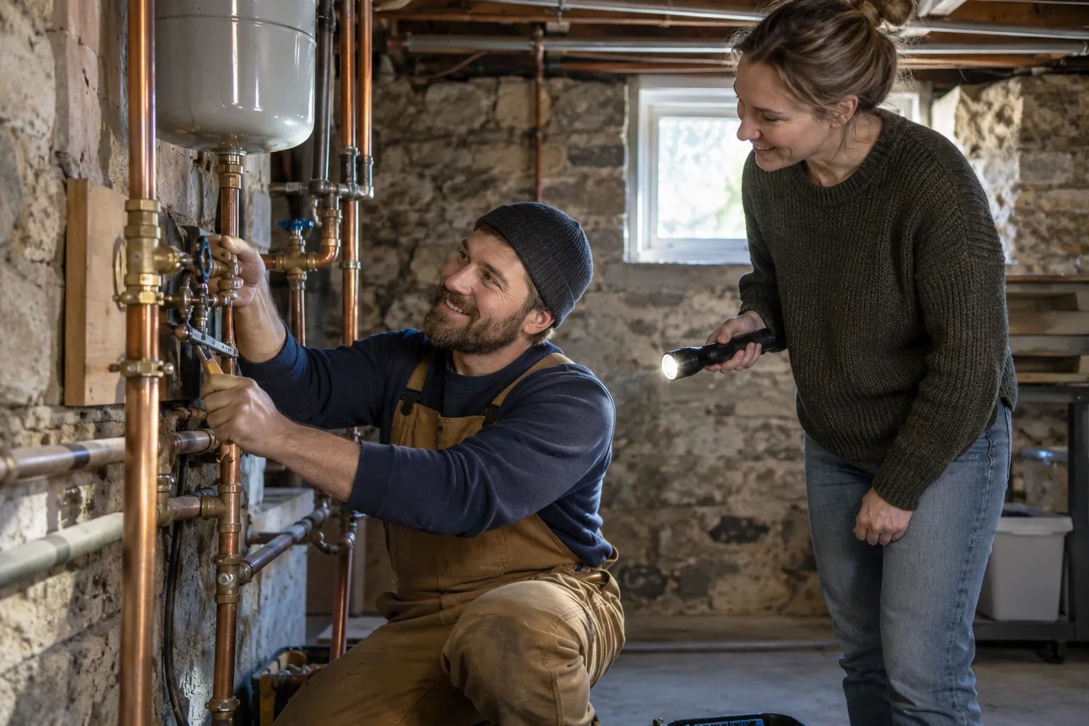 A friendly plumber checking a basement pipe in a Phoenixville home